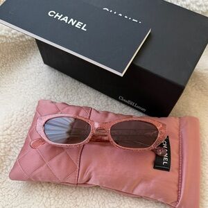 Auth NIB Chanel 71280 Crystal Logo Light Pink Glitter Rectangle Sunglasses